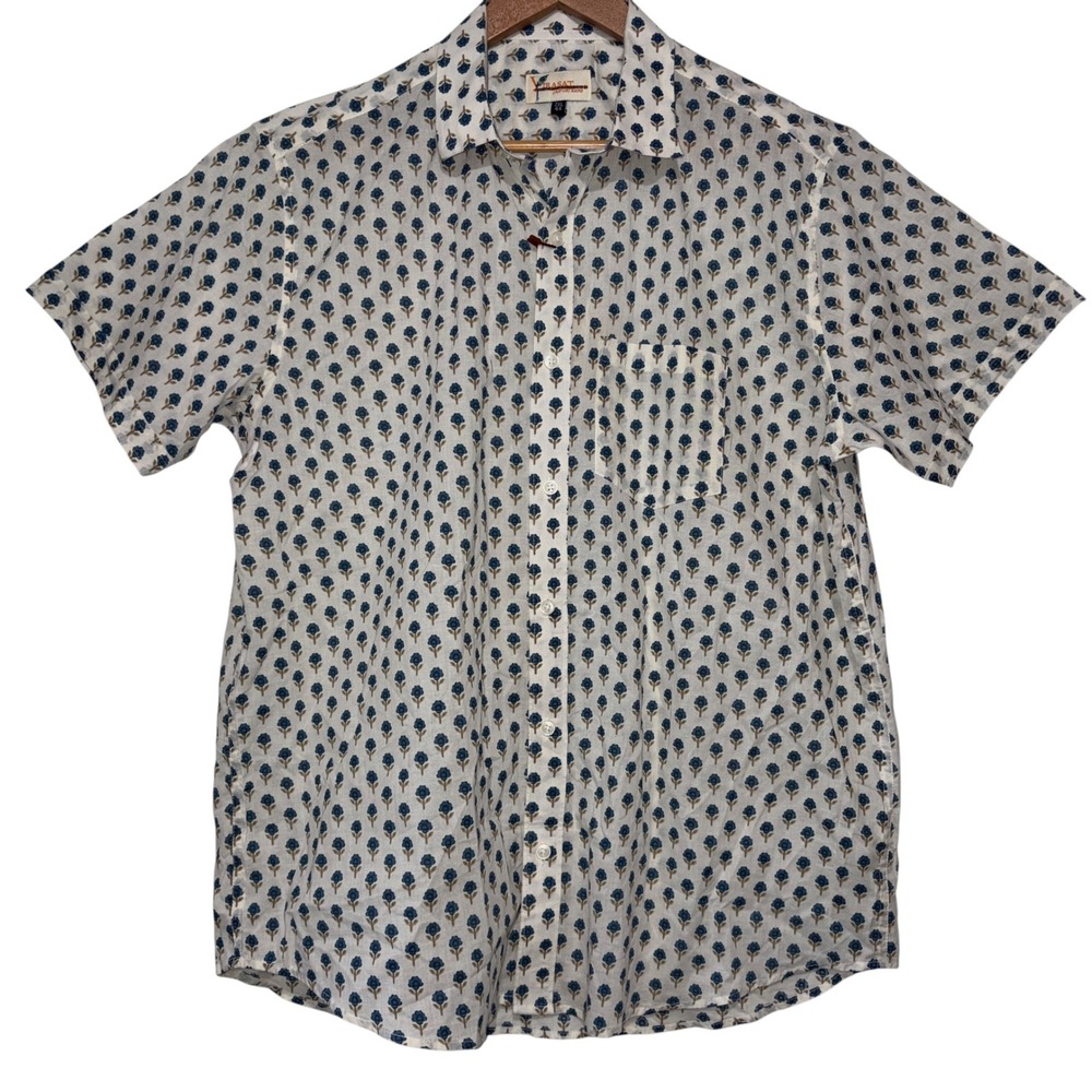 NWT Virasat Jaipuri Rang Shirt Mens Handcrafted Floral Block Print XL White Blue
